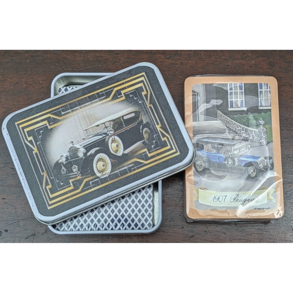 Vintage Playing Cards Lot 2 Decks Classic Cars 1907 Peugeot Tin Sealed Deck